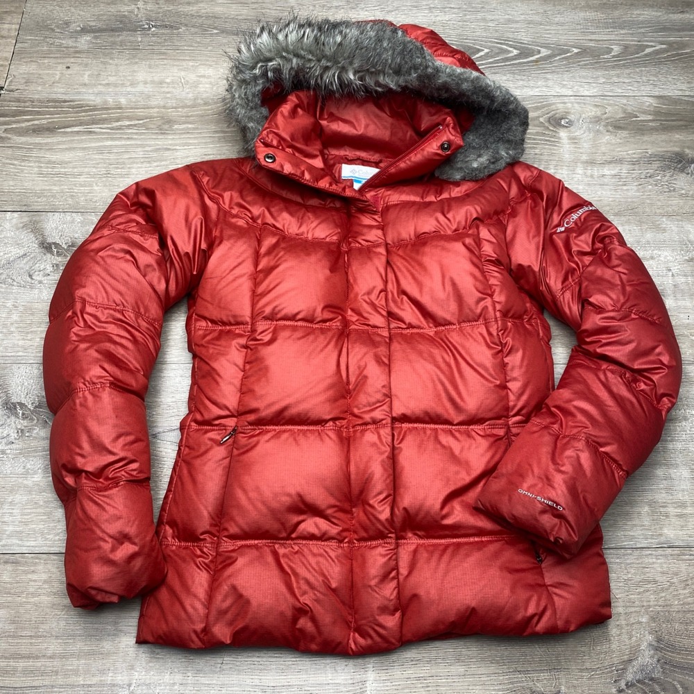Columbia Jacket Puffer Womens Small Red Omni-Shield‎ Faux Fur Trim Hooded Coat